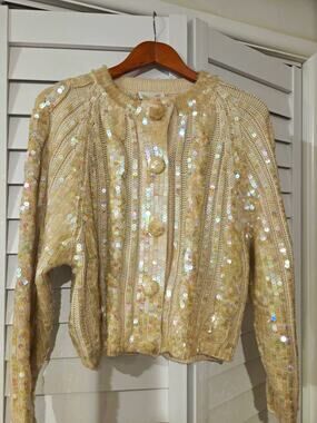 Dezine Beige Sequin Button-Front Knit Cardigan Sweater Crew Neck M